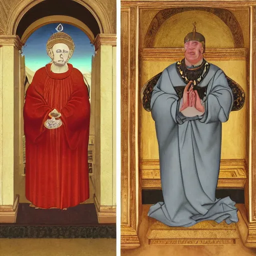 Prompt: hank hill as god and bobby hill as budai, italian renaissance religious painting, painting by carlo crivelli, painting by maso di banco, painting by berlinghiero