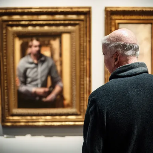 Prompt: Over the shoulder portrait of a middle-aged man staring at a painting in an art gallery. The painting he is looking at contains a person looking right back at him. Wide angle. Photorealistic. Dramatic lighting. Award winning photography. 35mm photograph.