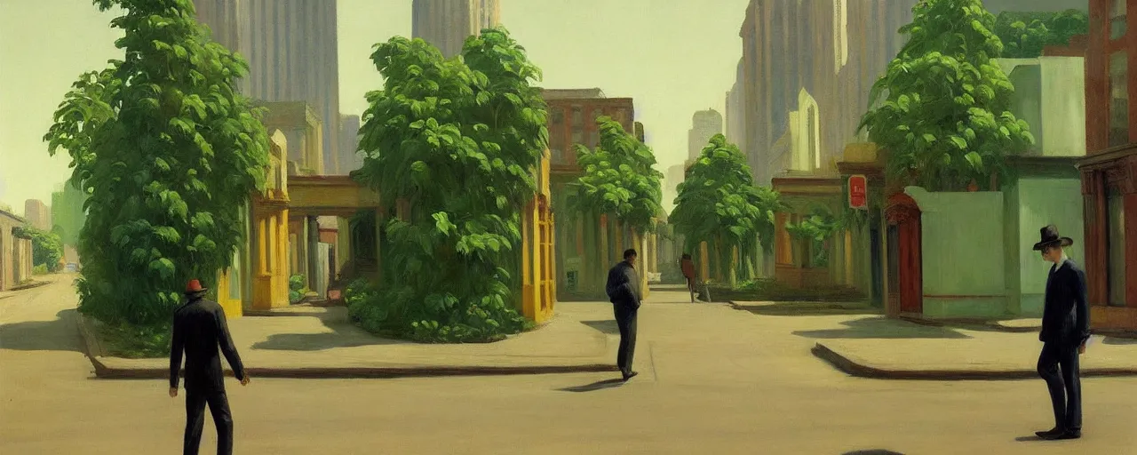 Image similar to oil painting of a man wandering the abandoned streets of city and the buildings are covered in plants and vines, edward hopper.