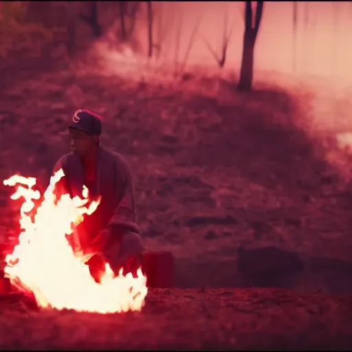 Image similar to cinematic film still of Chance The Rapper starring as a Samurai holding fire, Japanese CGI, VFX, 2022, 40mm lens, shallow depth of field, film photography