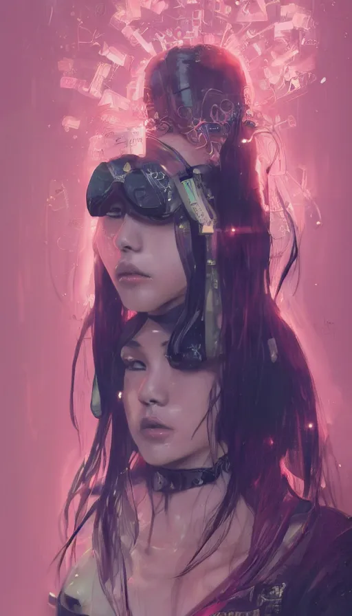 Image similar to altered carbon, madison beer, detailed portrait young gangster lolita, amazing beauty, visor, neon tattoo, styled hair, decorated traditional japanese ornaments by carl spitzweg, ismail inceoglu, vdragan bibin, hans thoma, greg rutkowski, alexandros pyromallis, perfect face, fine details, realistic shaded