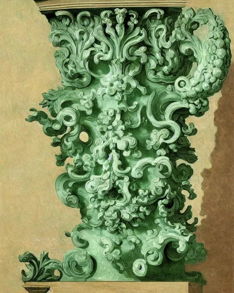 Image similar to achingly beautiful painting of intricate ancient roman corinthian capital on jade background by rene magritte, monet, and turner. giovanni battista piranesi.