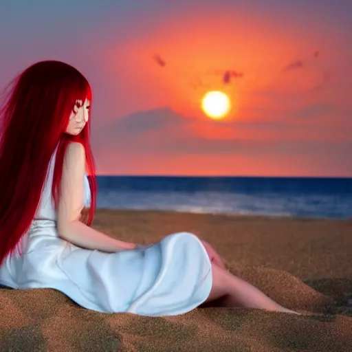 Image similar to Detailed anime visual if japanese girl with long red hair in a white silky dress sitting in the sand on a beach at sunset