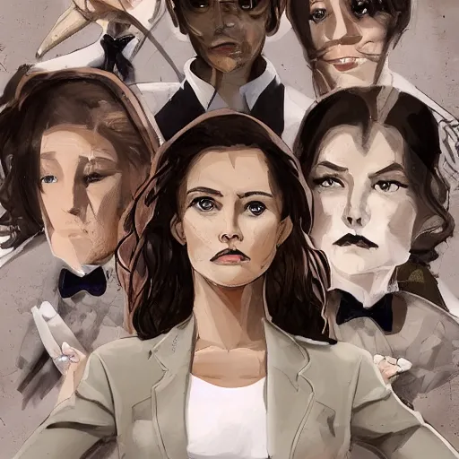 Image similar to female lawyer, business suit, brown neat hair, pixiv, fanbox, trending on artstation, digital painting, portrait, defense attorney, modern, sleek, highly detailed, formal, serious, determined, competent, colorized