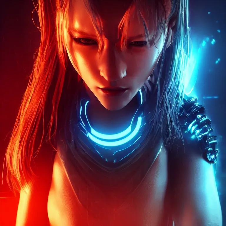 Prompt: beautiful cinematic poster, female cyberpunk, ronin ballistic mask, brilliant blue flowing hair, beautiful glowing eyes, wideshot ultrawide angle epic scale, hybrid from the elden ring and art direction by darius zawadzki, wayne reynolds artstation ; cinematic quality character render ; low angle ; ultra high quality model, quality cinema model