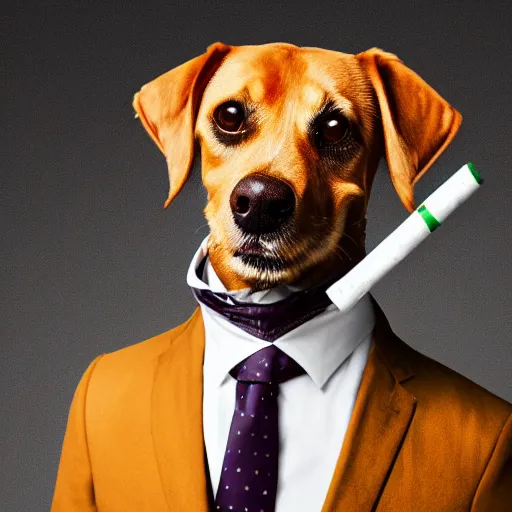 Prompt: a high detail closeup photograph of a dog wearing a suit 👔,and smoking a cigarrette🚬, award wining photograph, digital art