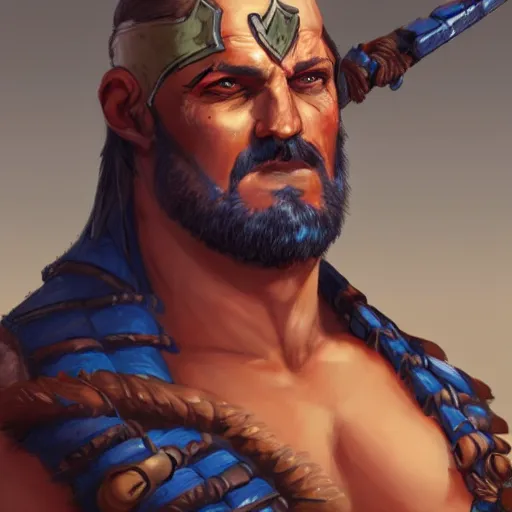 Image similar to travis willingham as a barbarian with blue skin, portrait, highly detailed, headshot, digital painting, trending on artstation, concept art, sharp focus, illustration, art by artgerm and greg rutkowski and magali villeneuve