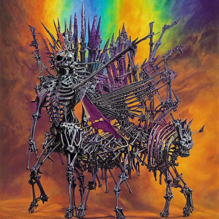 Prompt: Lucid, rainbow and vibrant artwork. A spiked horse skeleton with armored joints stands in a large cavernous throne room with halberd in hand. Background is colorful and vivid, full palette. Massive shoulderplates. Extremely high detail, realistic, fantasy art, solo, masterpiece, bones, ripped flesh, art by Zdzisław Beksiński, Arthur Rackham, Dariusz Zawadzki, Harry Clarke, Wassily Kandinsky, Lisa Frank