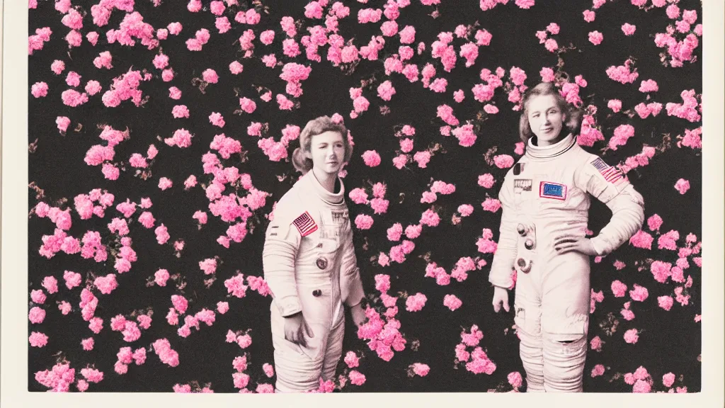Prompt: a vintage photograph of a female astronaut standing on a bed of black and pink flowers, photorealistic, + muted colors