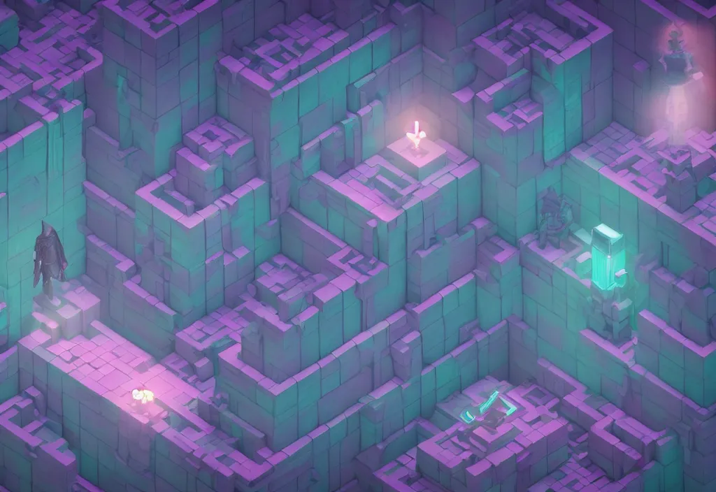 Image similar to isometric magicavoxel Bloodborne vaporwave cinematic lighting, 4k