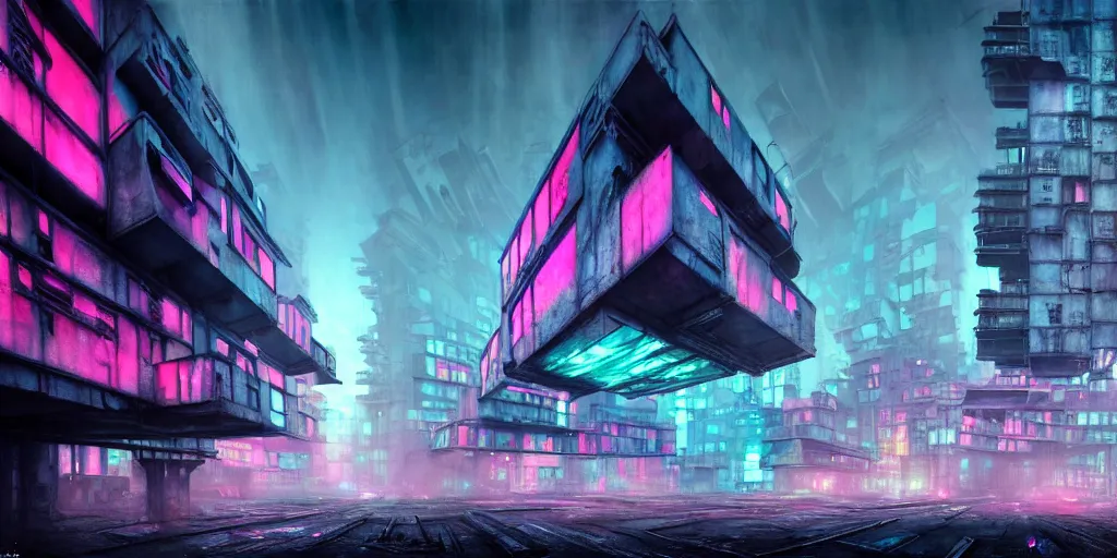 Prompt: concept art, octane render, a brooding, decrepit dystopian city, reflections, volumetric neon lighting, dramatic, cyan magenta white neon glow, 8 k, ultra - hd, insanely detailed and intricate, hypermaximalist, brutalist habitat 6 7, elegant, ornate, by gerald brom, by syd mead, akihiko yoshida, doug chiang, cinematic