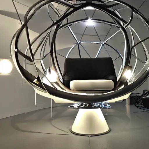 Prompt: futuristic sci - fi professional lighting. hobby diy engineering photo in a slick futuristic star - trek environment. tensegrity captain's chair integrated into a giant button laden cylindrical station inspired by the shape of a hooded chrome egg avocado bean armature on a dais.