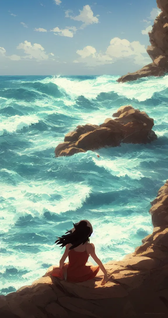 Image similar to Sitting on the rocks Looking out at the waves, lots of ocean, uncluttered, tropical, bright, simple, by Studio Ghibli and Greg Rutkowski, artstation