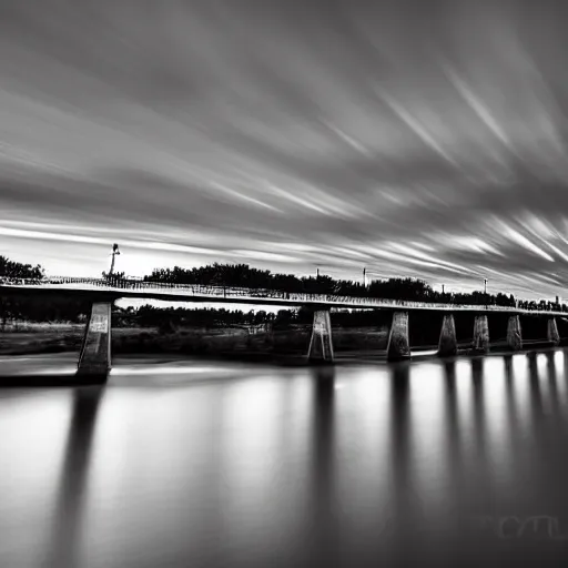 Prompt: A long exposure photograph of clouds streaking across the sky over a bridge, vibrant, sunset, black & white, 14mm lens