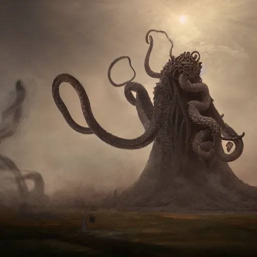 Image similar to Giant smoke monster coming out of the ground, thick swirling smoke, Nyarlathotep, Tentacles, mist, dramatic lighting, Byzantine ruins, desert, cinematic, trending on artstation