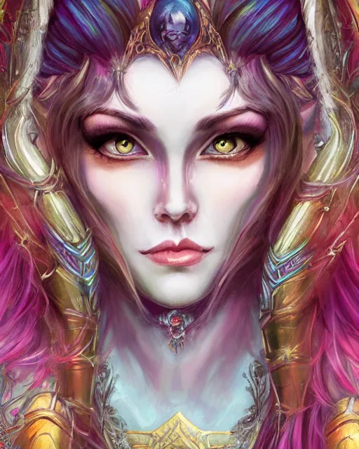 Prompt: headshot portrait of a high fantasy female elf ornate goddess, arney freytag, concept art, fantasy, 4k, CG render, colorful, hd, trading card, magic the gathering, vibrant, octane, New art nouveau, insanely detailed,