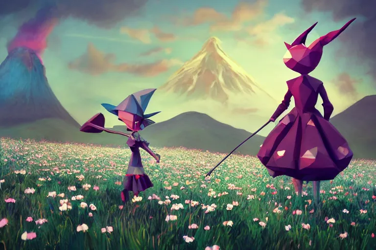 Prompt: lowpoly ps 1 playstation 1 9 9 9 running anthropomorphic lurantis maid standing in a field of daisies wearing witch hat, mount doom in the distance digital illustration by ruan jia on artstation