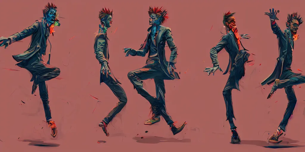 Prompt: cartoonish david bowie dancing, vivid colors, character sheet, fine details, concept design, contrast, kim jung gi, greg rutkowski, trending on artstation, 8 k, full body, turnaround, front view, back view, ultra wide angle