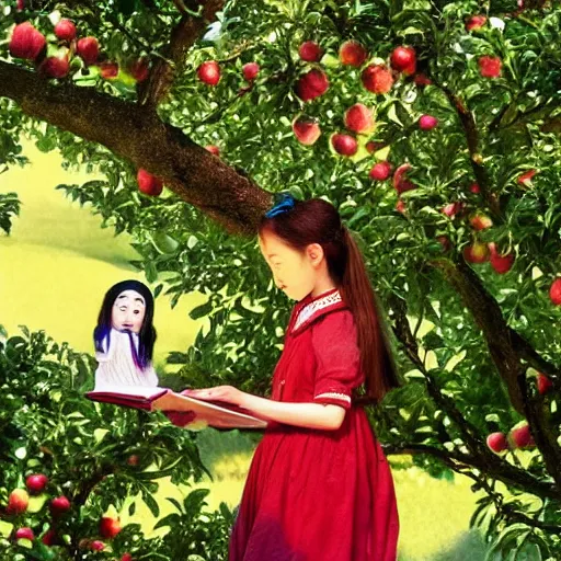 Prompt: a girl reading a book under an apple tree in summer. folk horror. chinese puppet show