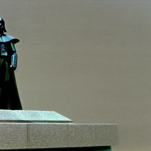 Image similar to large darth vader statue made of stone outstide sith temple cinematic film still from the 1 9 8 3 movie the lost jedi, rian johnson, anamorphic 2 4 mm lens, kodak film, moody cinematography