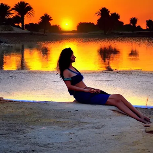 Image similar to beautiful egypt beautiful woman relaxing on sunset river with yellow coloured fish, coloured high detailed photo, sunset