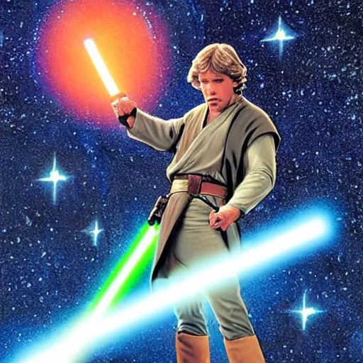 Prompt: luke skywalker pointing at stars with his lightsaber