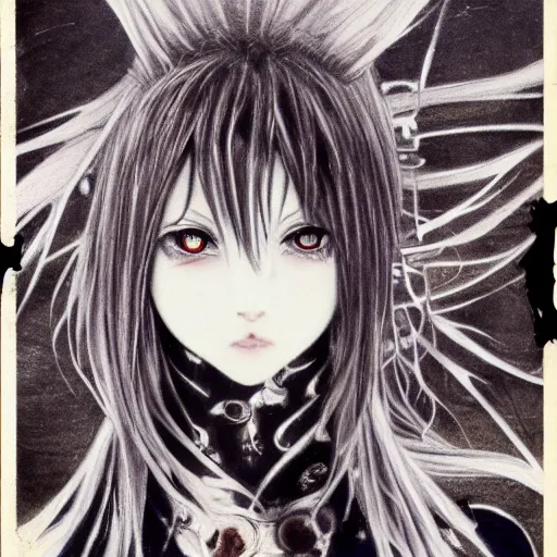 Prompt: yoshitaka amano realistic three quarter angle illustration of an anime girl with black eyes, wavy white hair fluttering in the wind and cracks on her face wearing elden ring armour with engraving, abstract black and white patterns on the background, noisy film grain effect, highly detailed, renaissance oil painting, weird portrait angle, blurred and dreamy polaroid photo