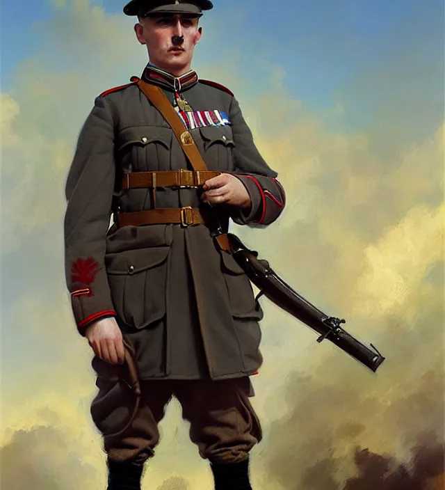 Prompt: wwi officer ceremonial dress, british, first world war, blue sky, 2 0 th century, sunny, detailed, volumetric, cinematic lighting, realistic, digital art by greg rutkowski