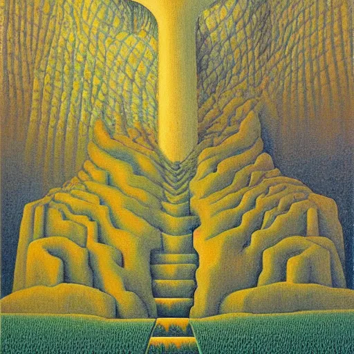 Image similar to by zdzislaw beksinski, by jean metzinger ecstatic. a beautiful land art. reality becomes illusory & observer - oriented when you study general relativity. or buddhism. or get drafted.