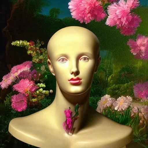 Image similar to award winning masterpiece with incredible details, a surreal vaporwave vaporwave vaporwave vaporwave vaporwave painting by Thomas Cole of an old pink mannequin head with flowers growing out, sinking underwater, highly detailed