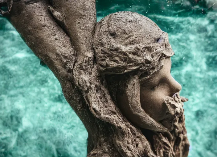 Image similar to dslr esculpture made from roots interwovem in the shape of a woman in the bottom of the sea, 8 5 mm f 1. 8