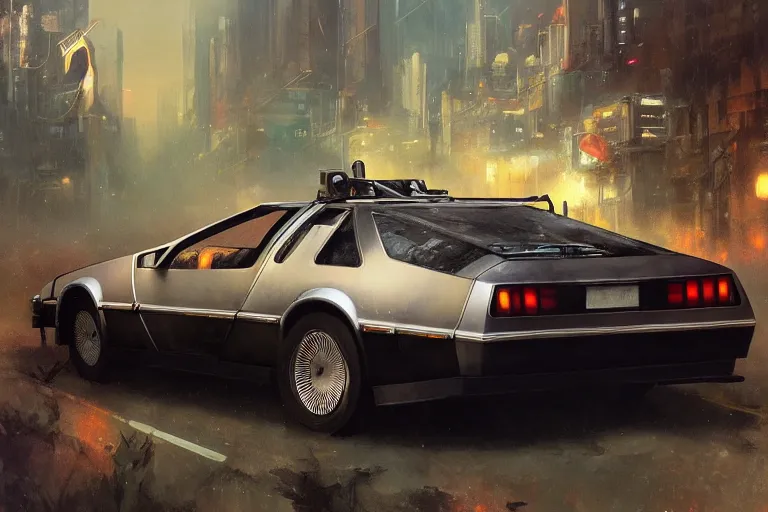 Image similar to photograph of the delorean, with a sleek spoiler, driving down the streets of a cyberpunk abandoned city, by greg rutkowski, by stanley artgerm, by alphonse mucha