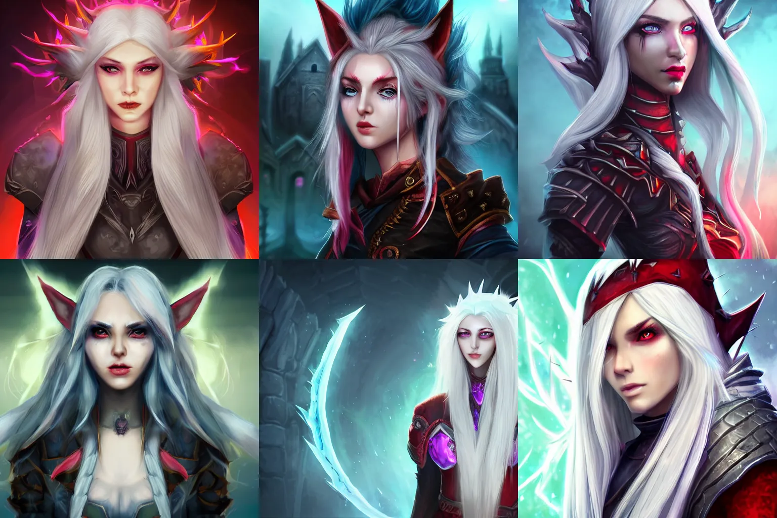 Prompt: a necromancer character, symmetrical female face game portrait, long white hair, spiky elf ears, ultra HD, hand painted style, ambient light background with particles, blurred castle on the back, rim light on character, toned colours, red clothes, light skin, league of legends style, Super detailed