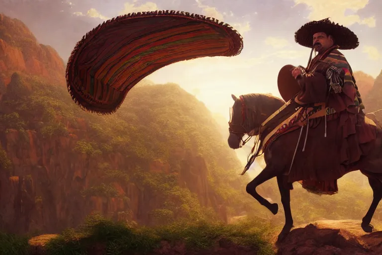 Image similar to a detailed 3 d render of bruno from encanto dressed as pancho villa, poncho, 1 8 th century south america, octane render, 8 k, volumetric lighting, in the style of disney, art by albert bierstadt and thomas moran