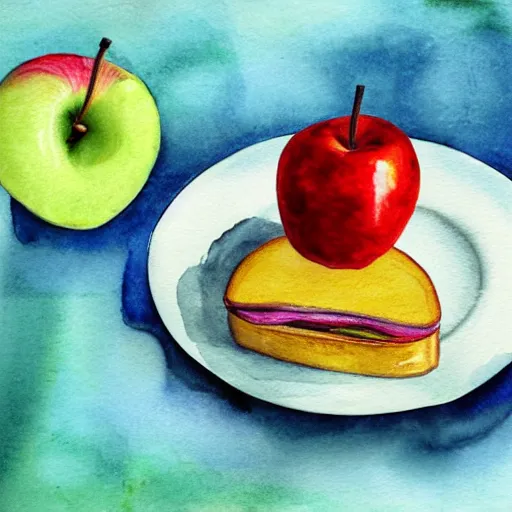 Prompt: bologna sandwich, plate, apple, watercolor, masterpiece
