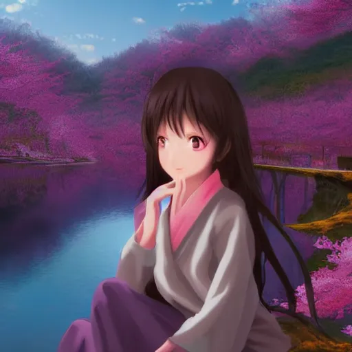 Prompt: Soft blur, digital art, anime, advanced digital art, girl sitting at the edge of a cliff overlooking a lake filled with sakura petals, light reflected on her face in the style of lariennechan. —W 1024 —H 1024