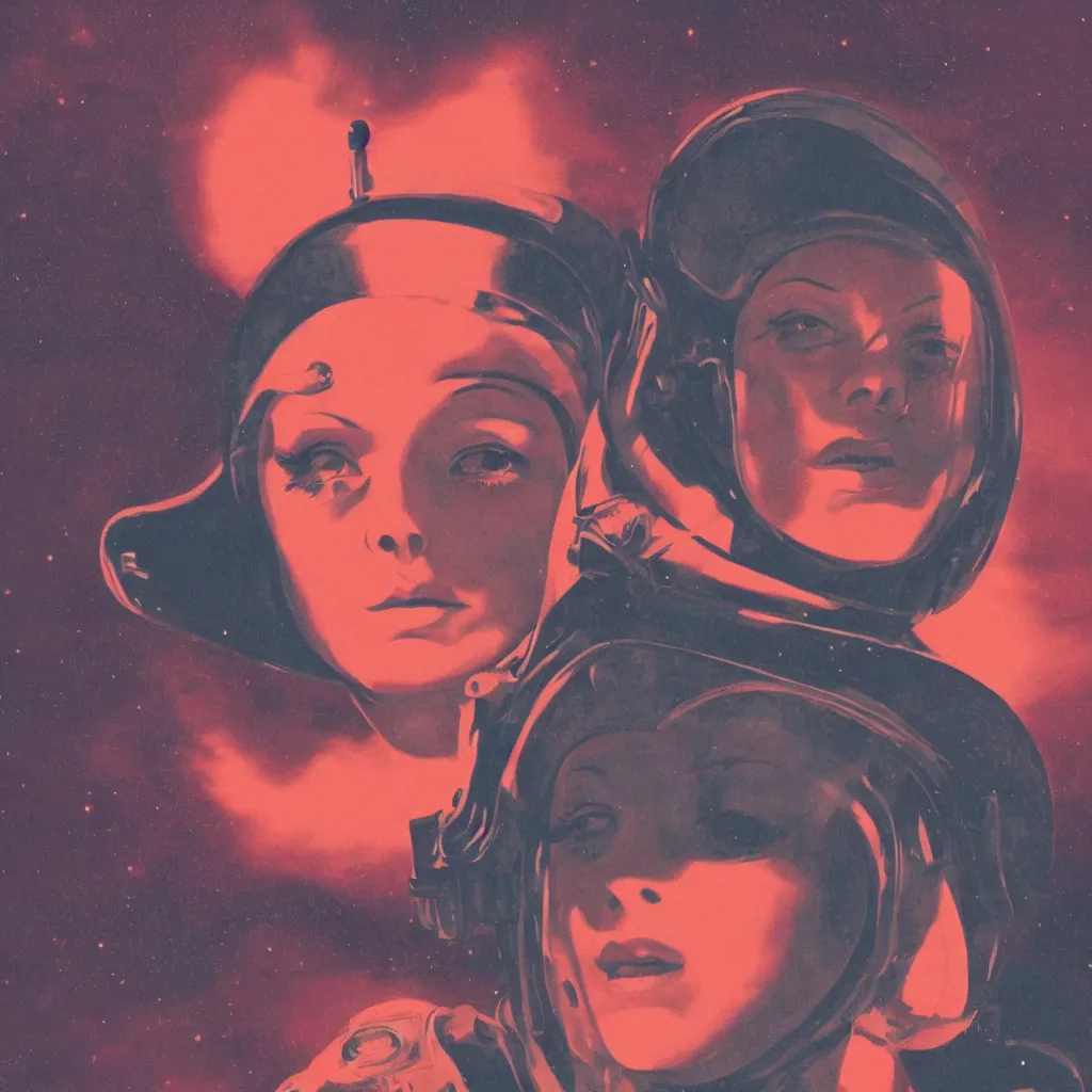 Image similar to 1940s Pulp Sci-fi style, closeup of a woman's face in a retro spacesuit with a dark red and mysterious sky.