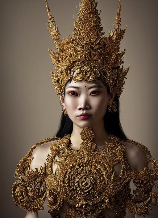 Image similar to a portrait of thai female by stefan geselle and nekro borja, photorealistic, intricate details, hyper realistic, fantasy, elegant, baroque gold headpiece, photorealistic, canon r 3, photography, wide shot, symmetrical features, symmetrical pose, wide angle shot, head to toe, standing pose, feet on the ground, wearable art