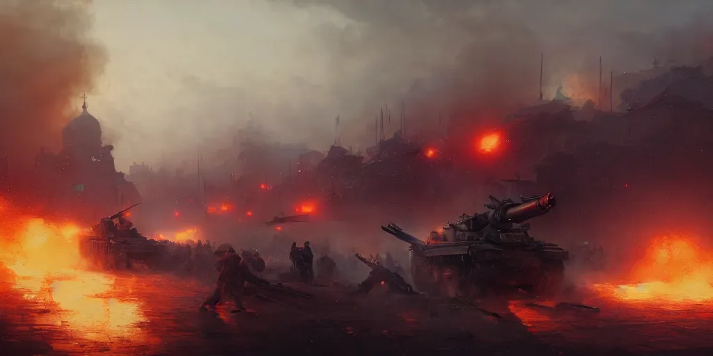 Image similar to russian civil war in moscow, explosions everywhere, extremely detailed digital painting, in the style of fenghua zhong and ruan jia and jeremy lipking and peter mohrbacher, mystical colors, rim light, beautiful lighting, 8 k, stunning scene, raytracing, octane, trending on artstation