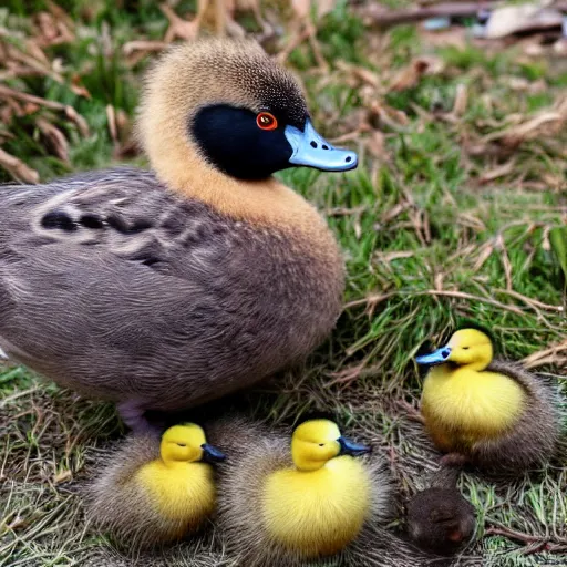 Prompt: a crossbreed of kiwi bird and a duck, with chicks, photo
