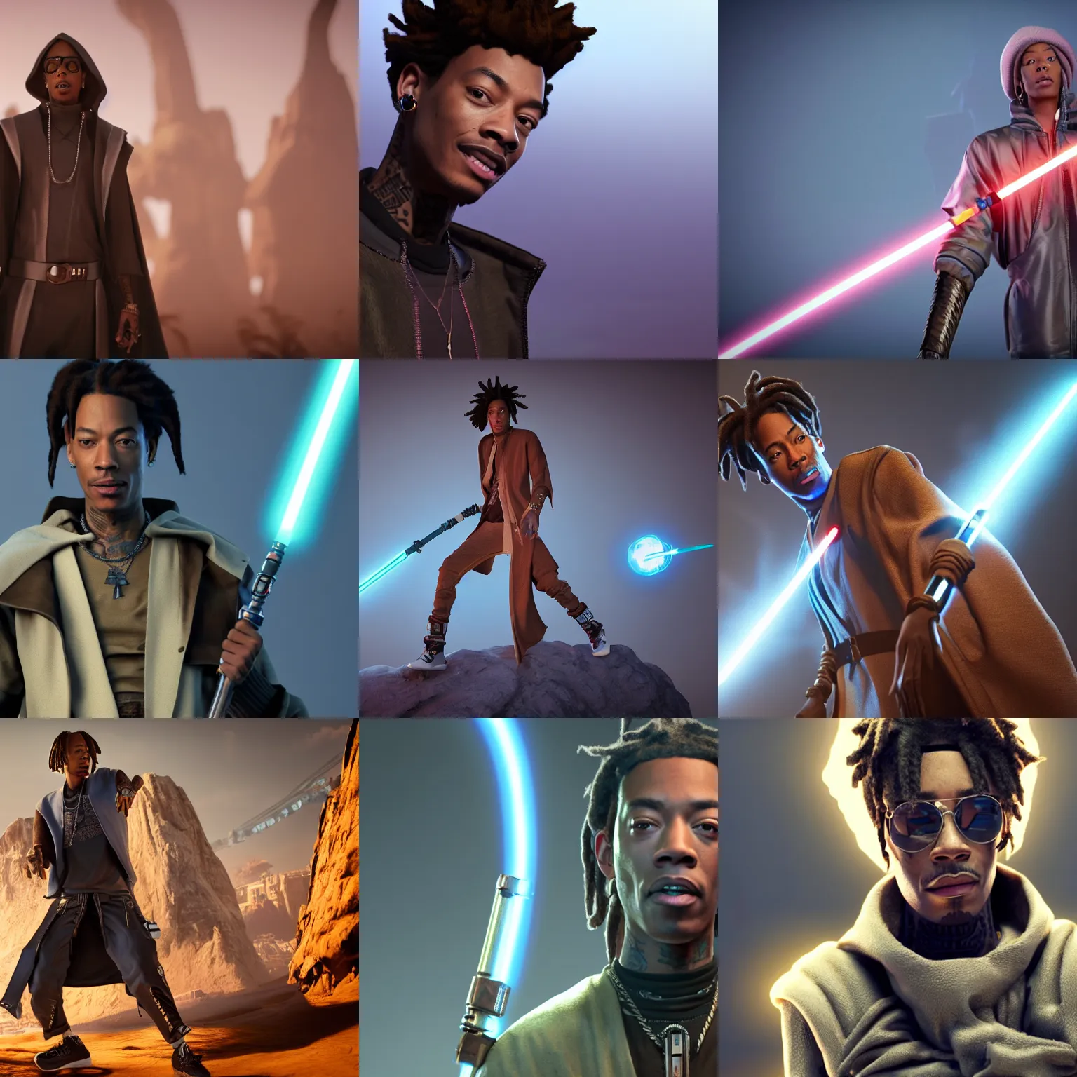 Prompt: a still of wiz khalifa as a jedi, award - winning, photograph, 3 d render, unreal engine, 4 k detailed