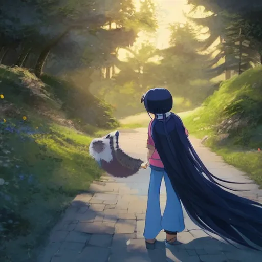 Image similar to a wholesome animation key shot of a girl with a raccoon tail and long dark blue hair, medium shot, studio ghibli, pixar and disney animation, sharp, rendered in unreal engine 5, anime key art by loish, bloom, dramatic lighting