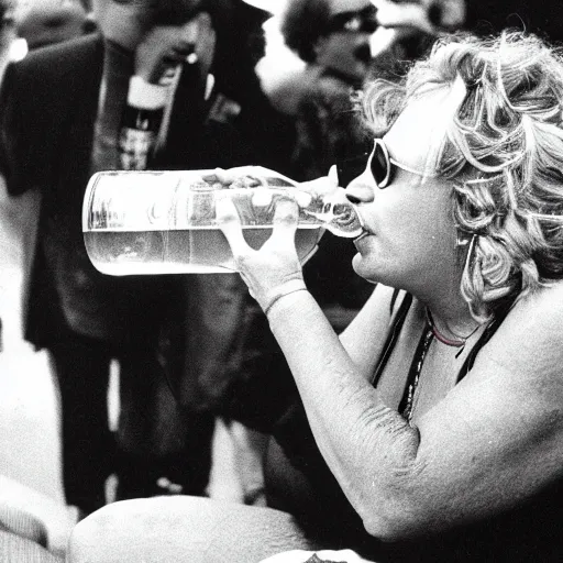 Image similar to 3 5 mm photo of raucous drunk boisterous loud portly french comedienne tippi pupu holding a drink and barking at a crowd, cannes 1 9 7 8