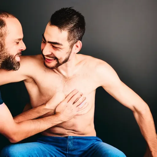 Image similar to man getting his armpits tickled by another man