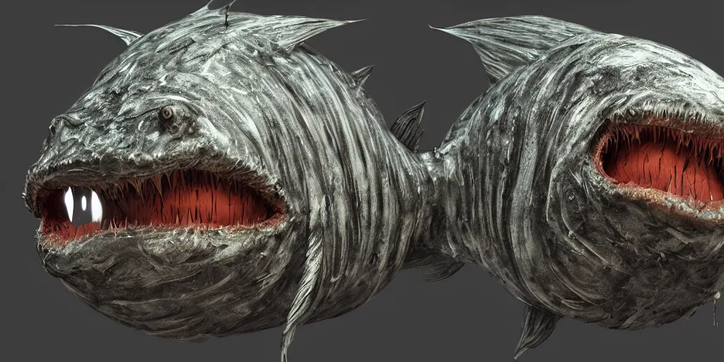 Image similar to angler fish, stylized layered textures, long flowing fins, bioluminescent orbs, 3 d render, substance painter, glowing eye, smooth, sharp focus, art by h r giger