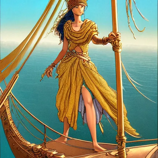 Prompt: high fantasy concept art matte painting by, james jean, charles vess of teenage african female dressed in long gold silk robes with ornate patterned stitching and a metallic teal headband, silver sandals stands on a tall ships sailing boat, rough seas she carries a silver ball with a thin long silver chain attached to it