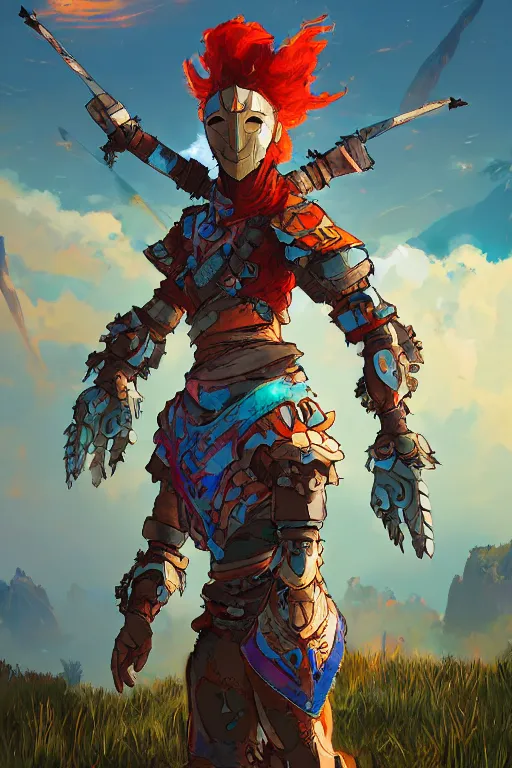 Image similar to combination suit armor aloy horizon forbidden west horizon zero dawn radiating a glowing aura global illumination ray tracing hdr fanart arstation by ian pesty and alena aenami artworks in 4 k tribal robot ninja mask helmet backpack