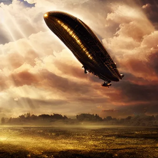 Prompt: big steampunk zeppelin flying in big fluffy clouds, cinematic light, epic scene, god rays, 8 k, high detailed ornaments, liquid marbling acrylic paint, sunset, magic hour, golden hour, strathosphere, nebula sky, milkyway