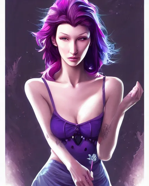 Image similar to beautiful Bella Hadid purple hair tattoos symmetrical face eyes full length fantasy art icon, 4d art cover , official fanart behance hd artstation by Jesper Ejsing, by RHADS, Makoto Shinkai and Lois van baarle, ilya kuvshinov, rossdraws