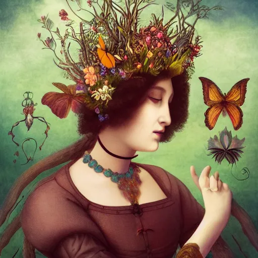 Image similar to a detailed portrait of young woman in renaissance dress and a surreal renaissance headdress, very surreal garden, cyberpunk, surreal tea party, birds, nature, strange creatures, by christian schloe and botticelli, naotto hattori, amy sol, roger dean, moody colors